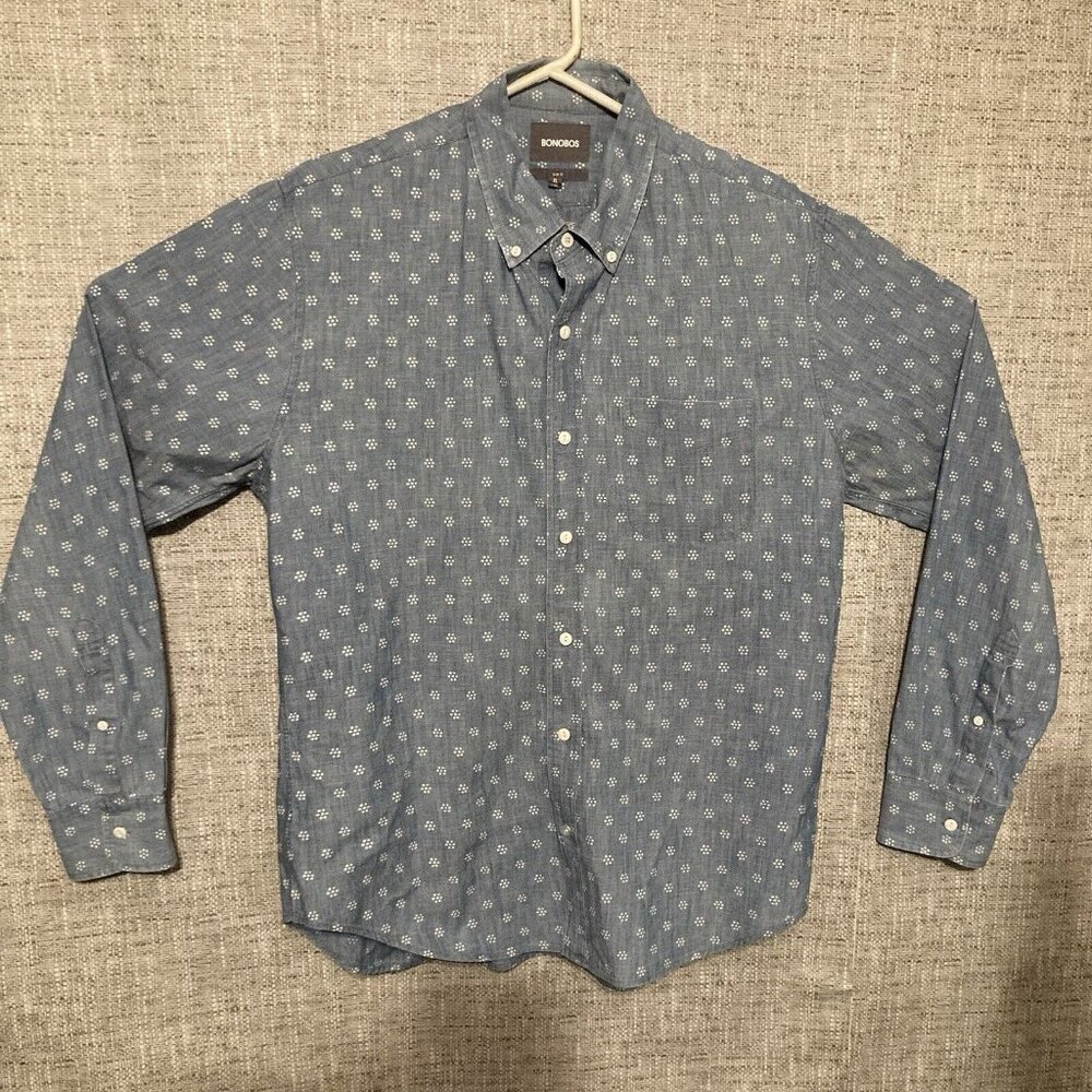 Bonobos Men’s Long Sleeve Shirt XL Slim Fit Blue, White Flowers Button Collar.